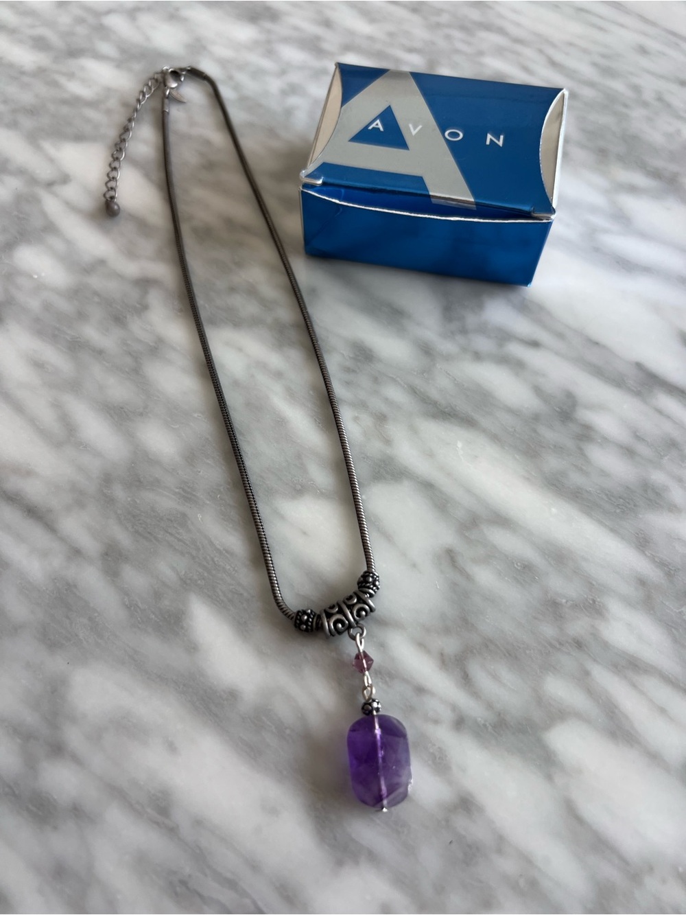 Vintage Avon Silver-Tone Necklace with Purple Amethyst Pendant